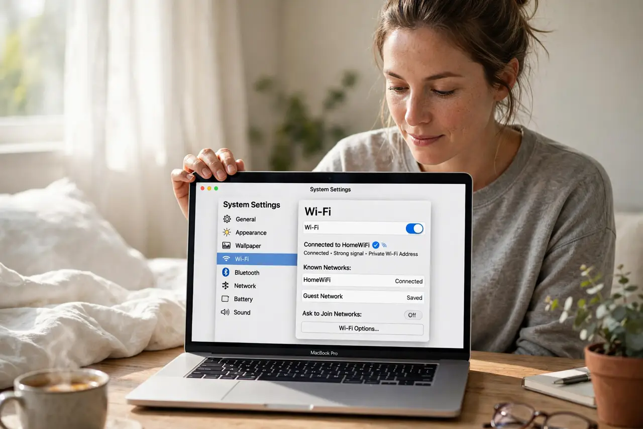 a calm adult opening a real Mac laptop at a desk after sleep, the macOS Wi-Fi settings screen clearly visible and legible on the real Mac screen.