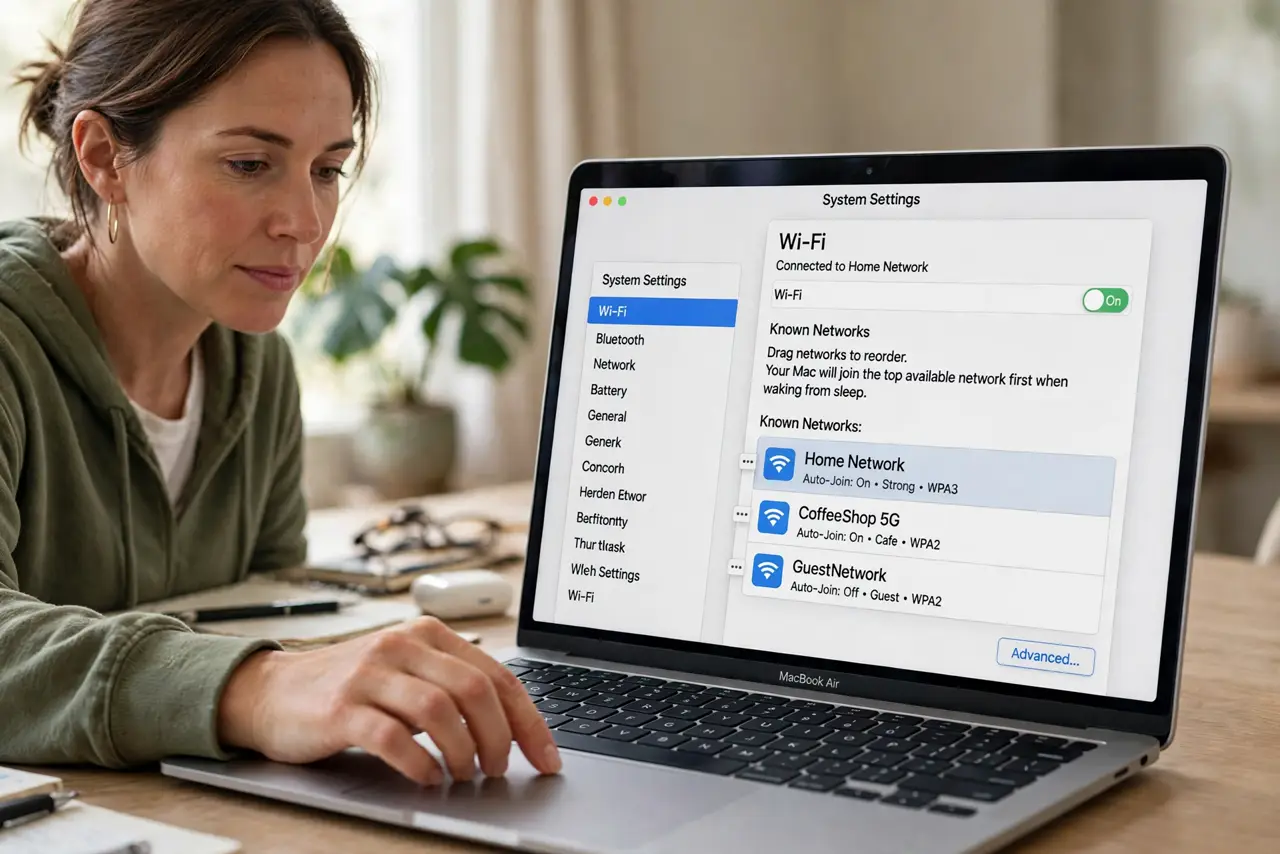 A person performing step 1 of the guide: Prioritize your network. Go to System Settings > Wi-Fi > Advanced and drag your home network to the top of the known networks list. The M...