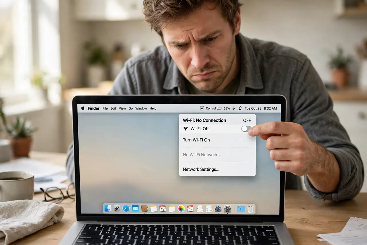 a frustrated adult opening a real MacBook in the morning, the Wi-Fi menu showing no connection with fully legible text, the person tapping the menu.