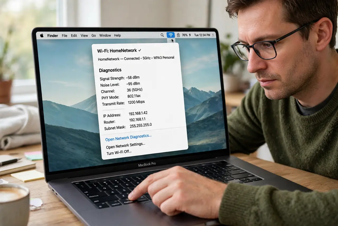 A person Option-clicking the real Wi-Fi icon in the Mac menu bar, the detailed dropdown with network diagnostics and legible text, the person's face analytical.
