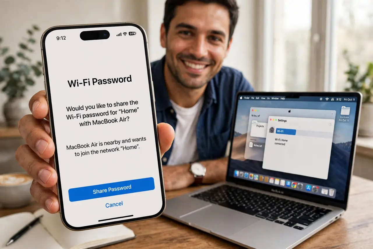 A person holding a real iPhone near a real MacBook, a Wi-Fi password sharing prompt visible with legible text on the iPhone screen, the person's face friendly…