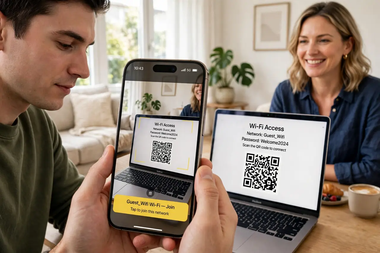 a person holding a real iPhone scanning a QR code shown on a real MacBook screen, the Wi-Fi network details legible beside the code, a guest smiling nearby, bright living room.