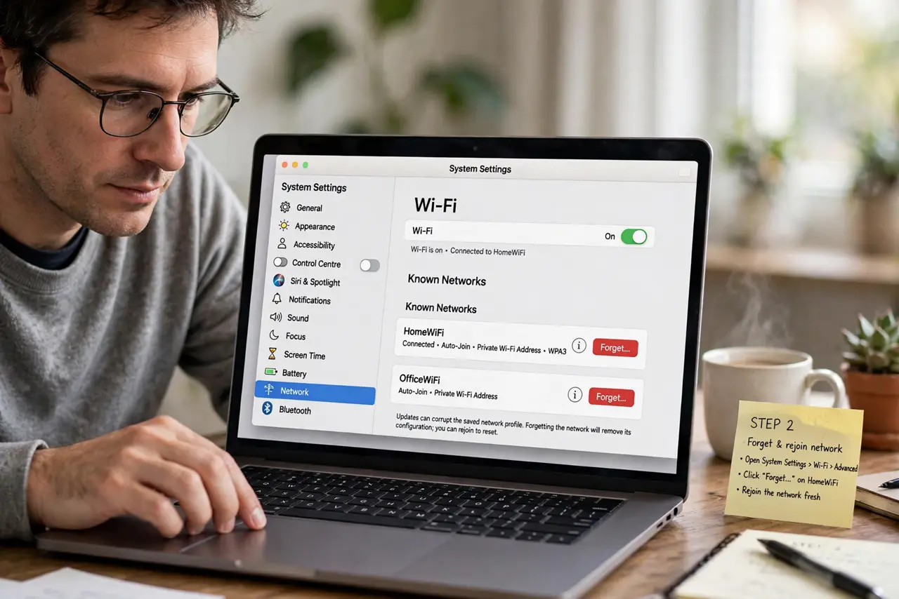 A person performing step 1 of the guide: Forget and rejoin the network. Remove the Wi-Fi network in System Settings > Wi-Fi > Advanced, then join it fresh. Updates can corrupt th...