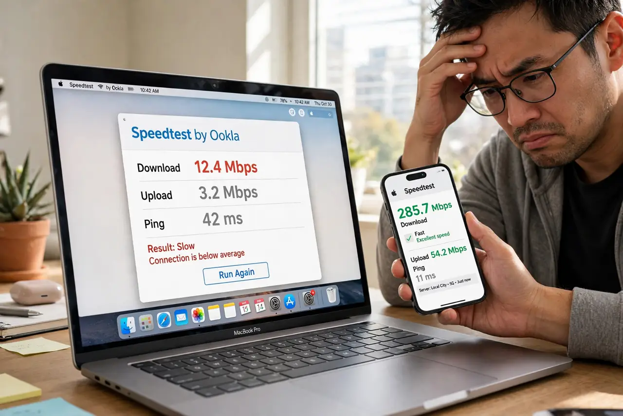 a frustrated adult running a speed test on a real Mac showing slow results with fully legible text, the person comparing it to their phone's faster result.