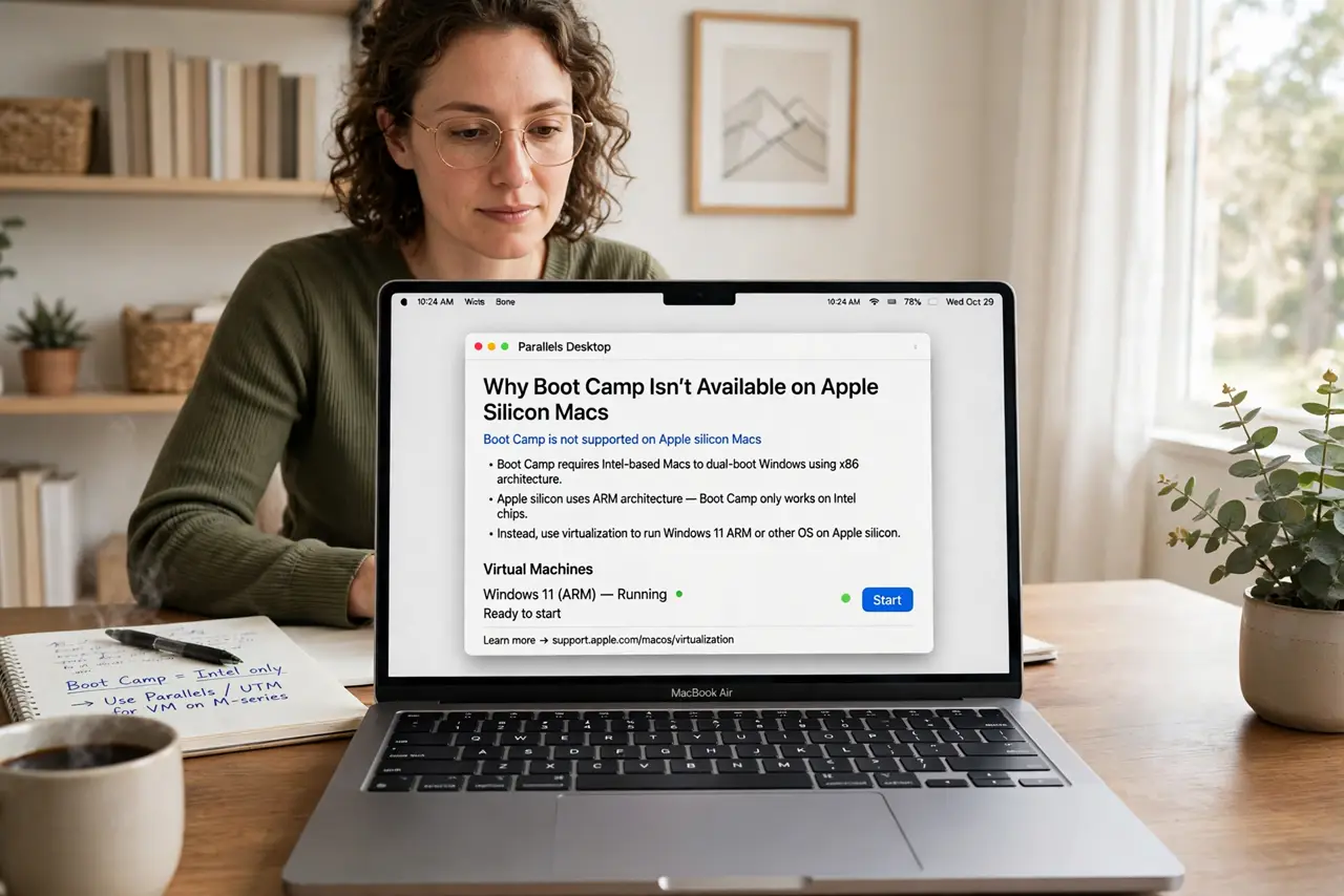 Photoreal photo of a person performing the first step: Know why Boot Camp is gone. Boot Camp dual-booting was an Intel-Mac feature. Apple silicon Macs