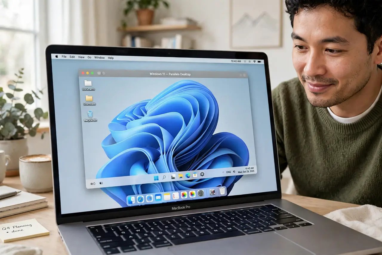 Photoreal photo: a person using a real MacBook showing Windows running in a window with a legible Windows desktop, the person's face curious and pleased, bright home office. No black screen, no blank white screen, no fake or garbled s