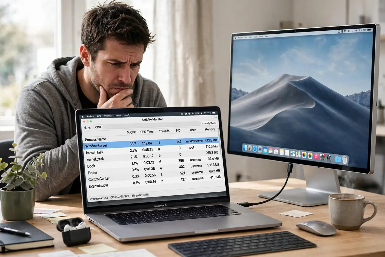 WindowServer Slows Your Mac — a frustrated adult looking at Activity Monitor on a MacBook connected to a real external monitor, the WindowSe