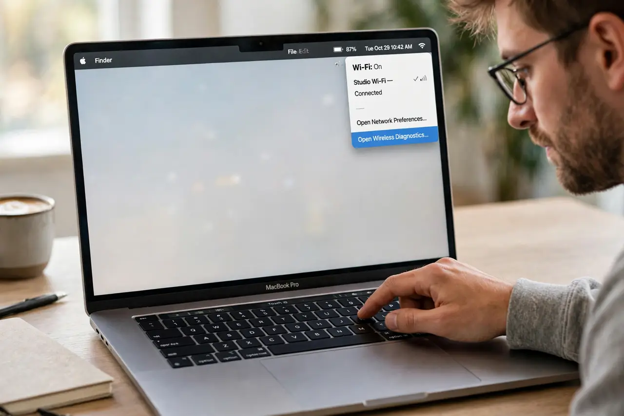A person performing step 1: Open Wireless Diagnostics. Hold the Option key, click the Wi-Fi icon in the menu bar, and choose Open Wireless.