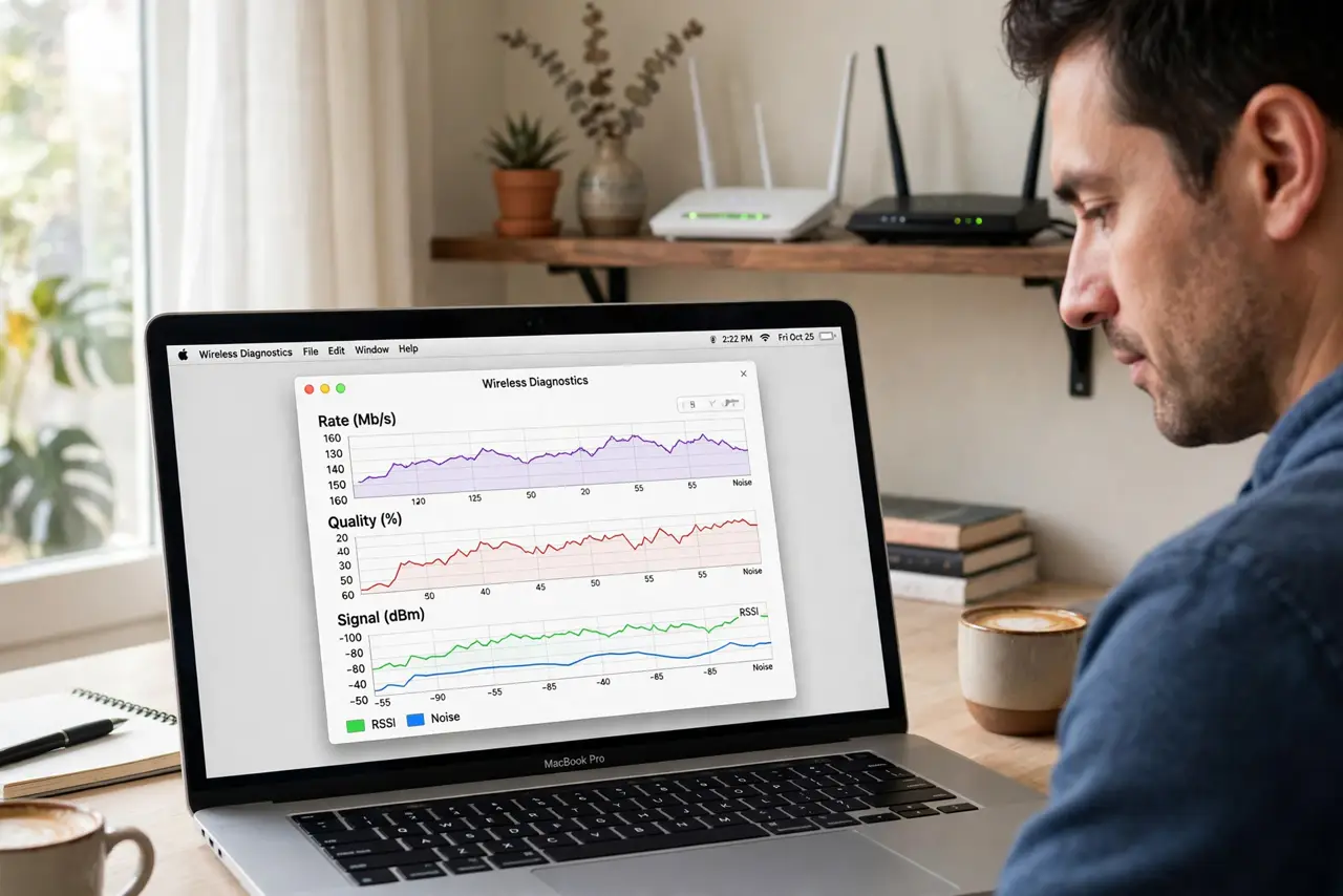 A person using a real MacBook showing a legible Wireless Diagnostics window with signal graphs, a real router visible on a shelf behind, the person's face focused, home.