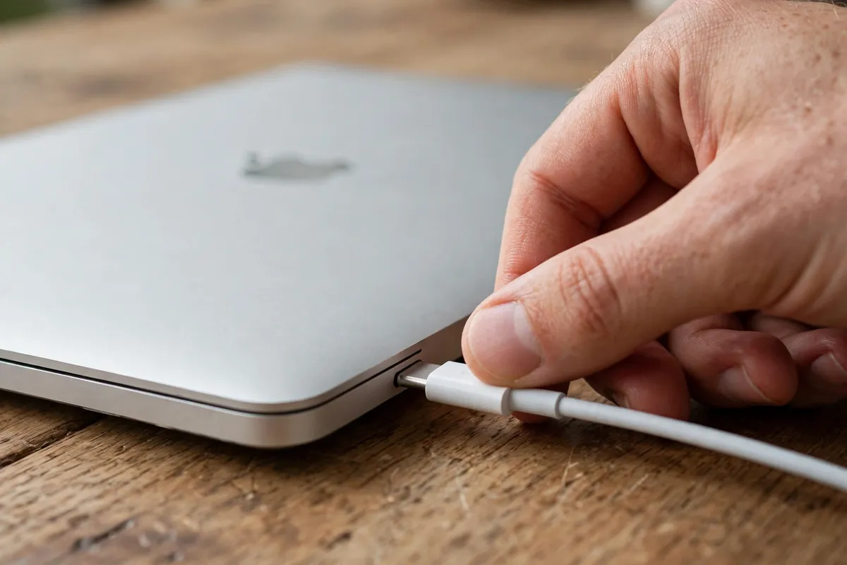 A hand firmly plugging a white USB-C charging cable into the side of a closed silver MacBook on a wooden desk, with no screen visible.