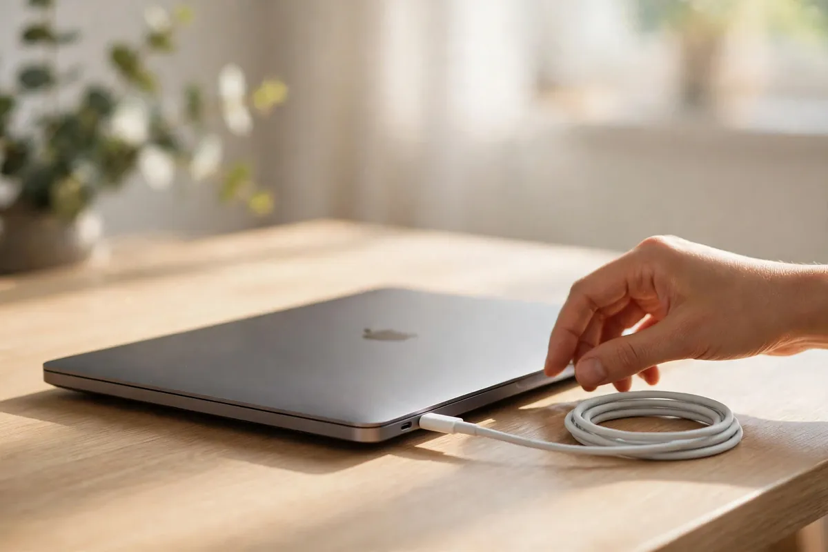 A closed silver MacBook on a light wooden desk with its white charging cable plugged in, a hand reaching toward it in bright daylight.