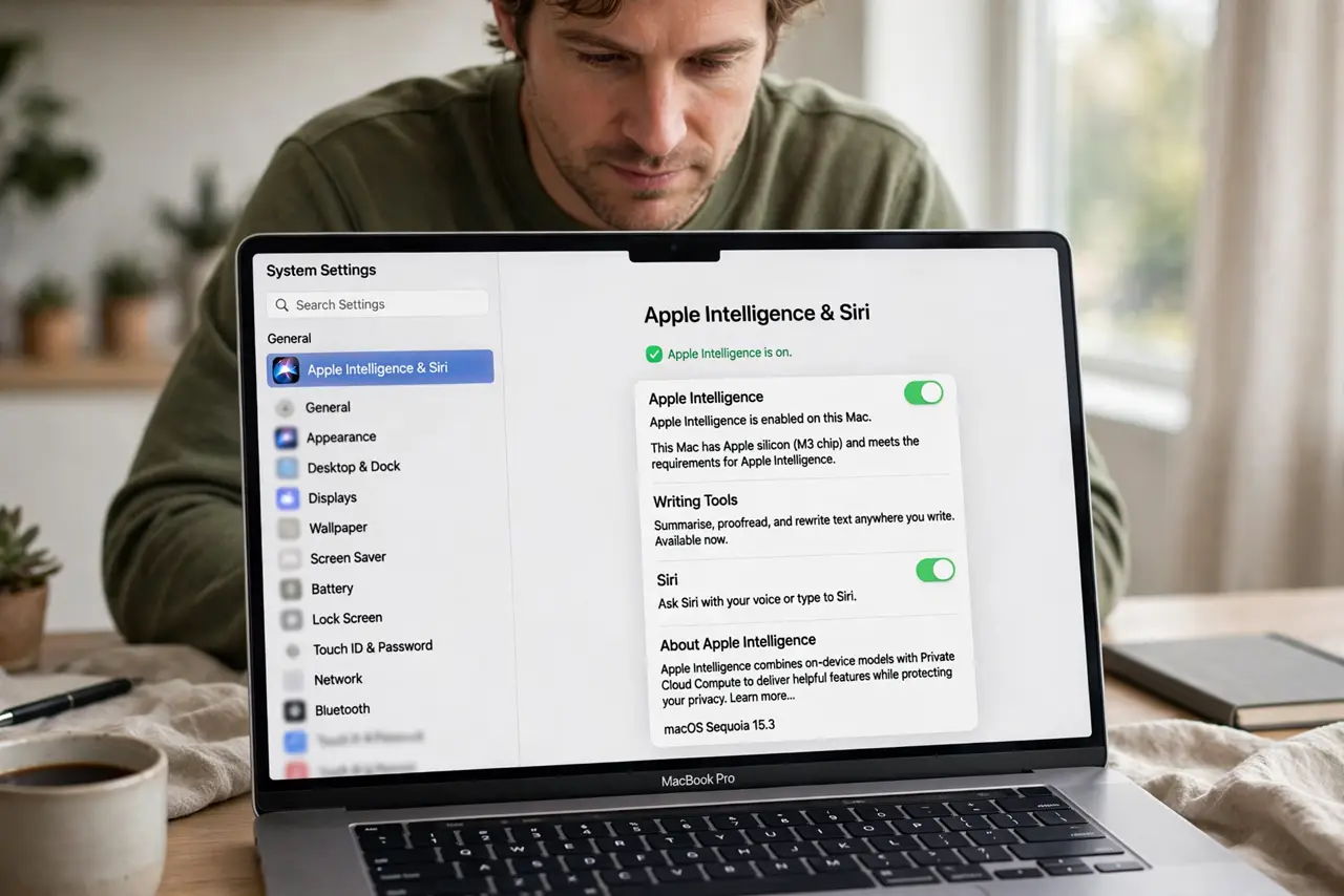 A person performing the guide's first step: Check that Apple Intelligence is available. Writing Tools need a Mac with Apple Silicon and Apple Intelligence switched on. Open System…