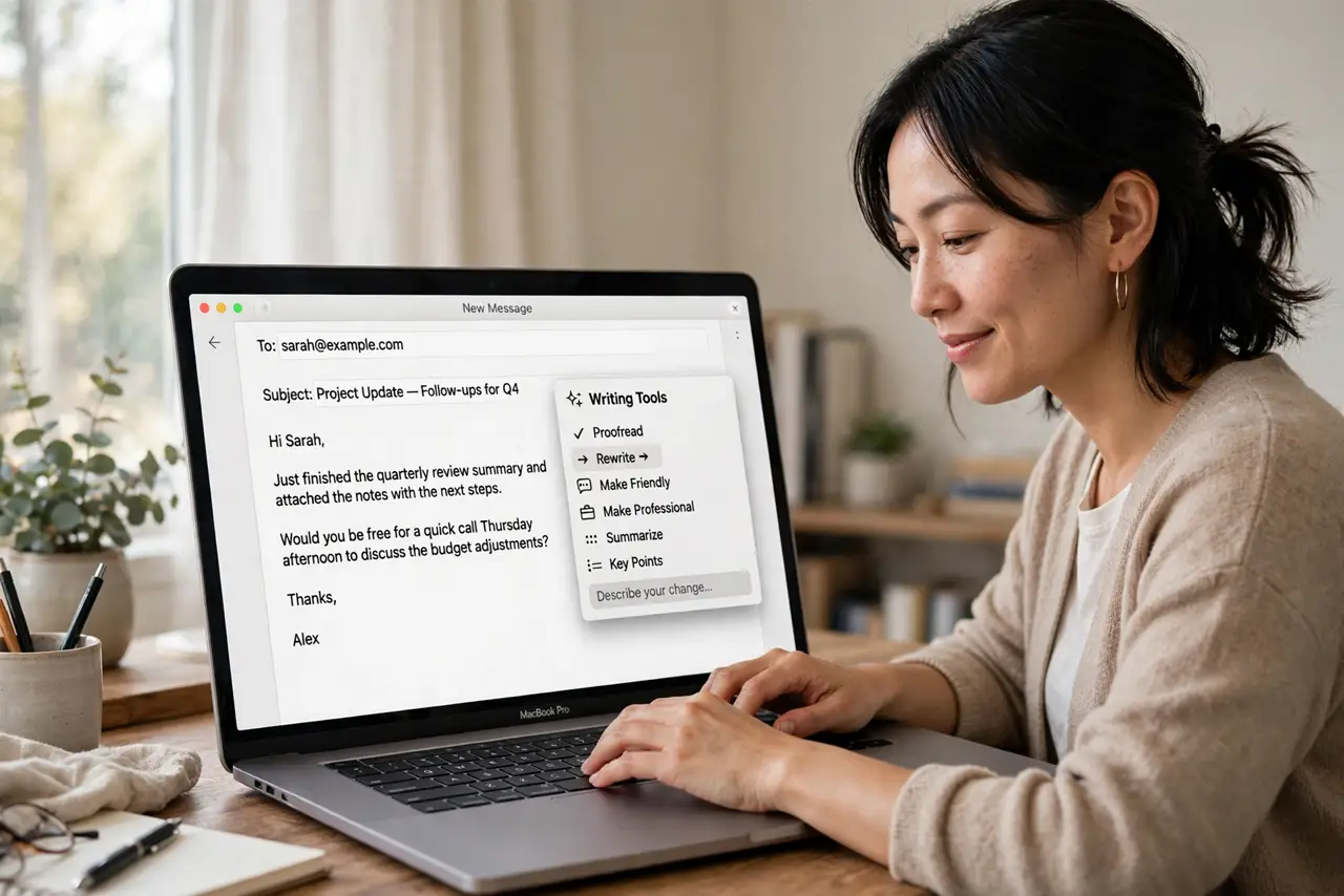 A person typing on a real MacBook in a home office, the screen showing an email draft with legible text and a small Writing Tools popup menu visible, the person's face focused and satisfied.