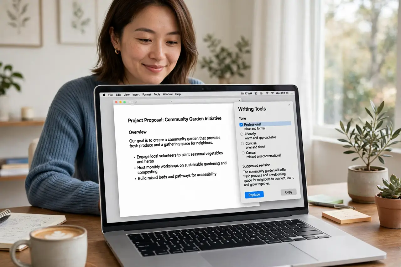 a person using a real MacBook, a document open with the Writing Tools panel showing tone options and legible text, the person's face pleased, bright home office.