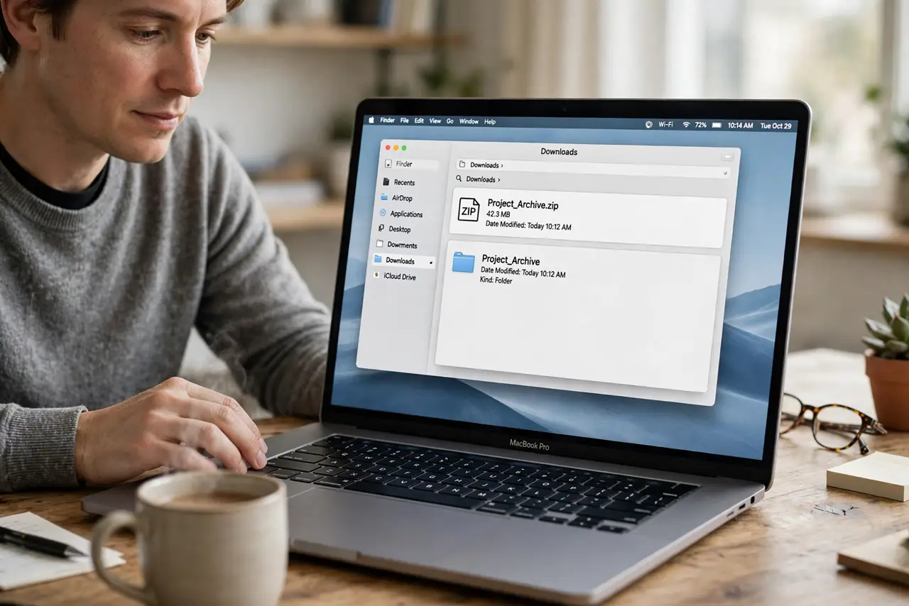 a calm adult at a desk with a real Mac laptop open, Finder visible on the real screen with a ZIP file and extracted folder complete and legible, the person checking files calmly.