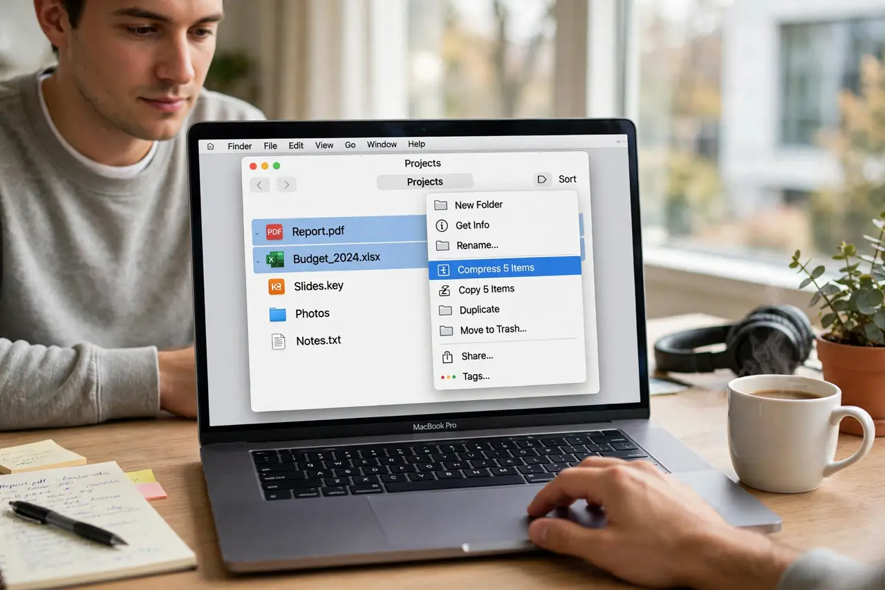 Photoreal photo of a person performing the first step: Select what to zip. In Finder, click to select files or a whole folder — Command-click for several separate items. Zipping a folder preserves its inte...