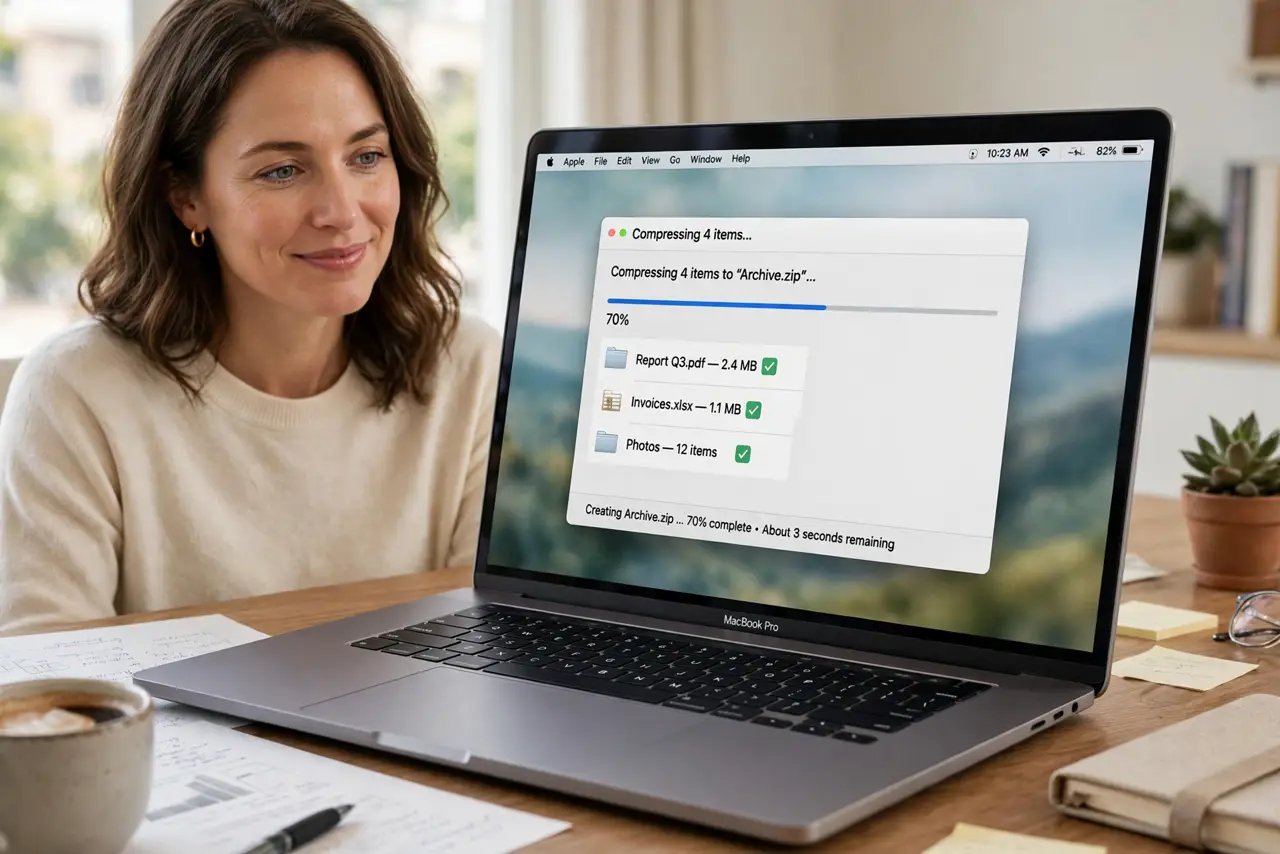 Photoreal photo: a calm person at a desk with a real Mac showing a Finder window with files being compressed into a legible zip archive, the person's face satisfied. No black screen, no blank white screen, no fake or gar
