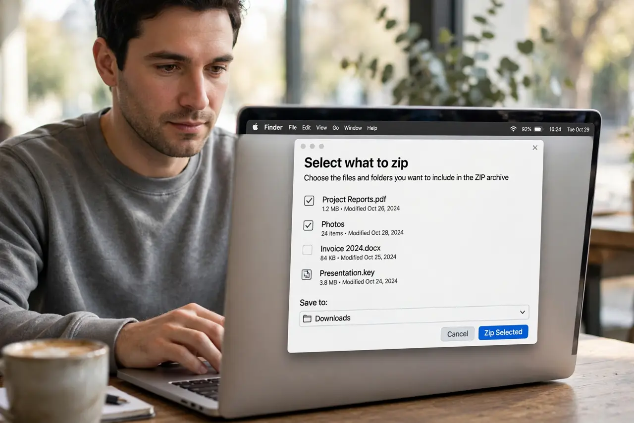 A person calmly performing the guide's first step: Select what to zip.