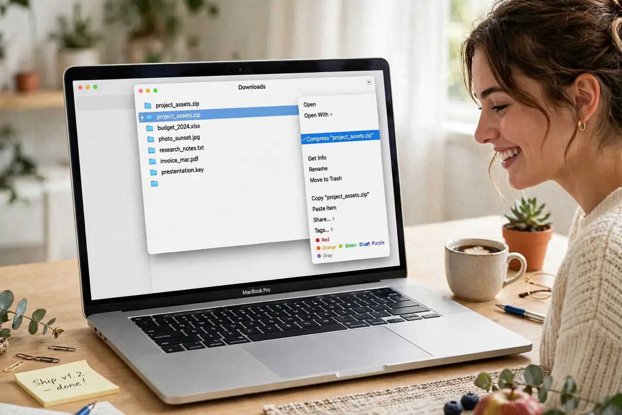 a person using a real MacBook showing Finder with a zipped archive highlighted and the right-click Compress menu visible with legible options, the person's face satisfied, bright d.