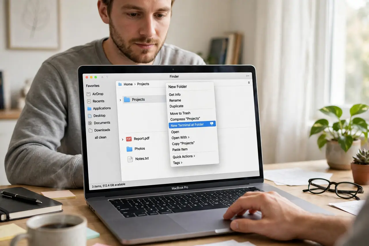 A person performing the first step: Open Terminal in the right folder. In Finder, right-click the folder > 'New.