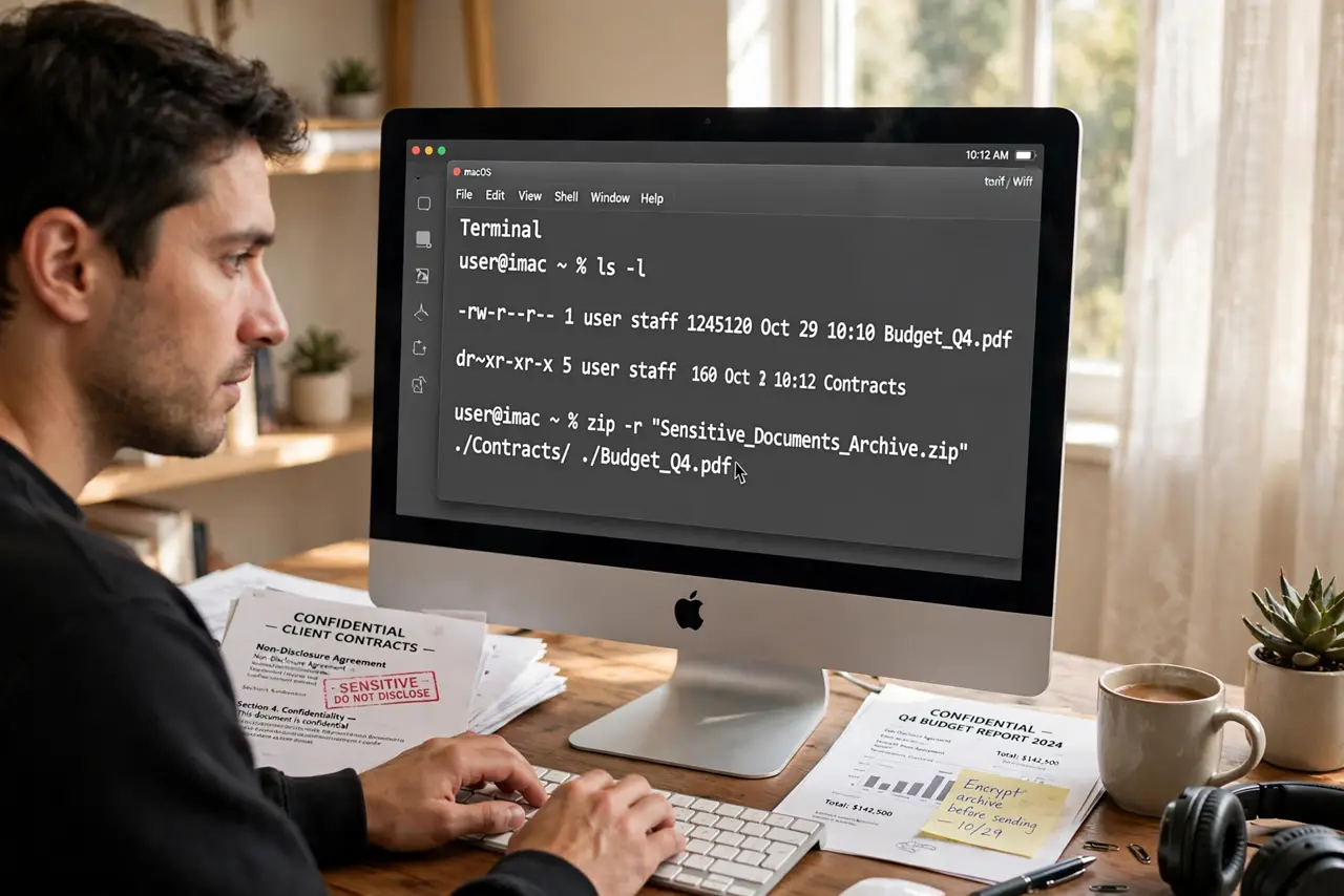 A calm person typing in Terminal on a real Mac with the zip command visible in legible text, sensitive documents