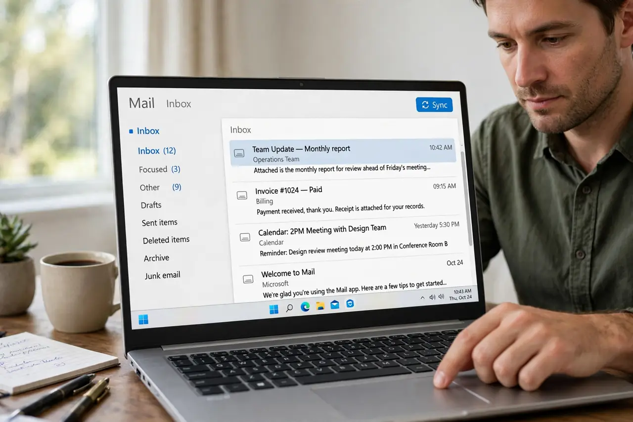 A focused man syncing his mailbox manually in the Windows mail app.