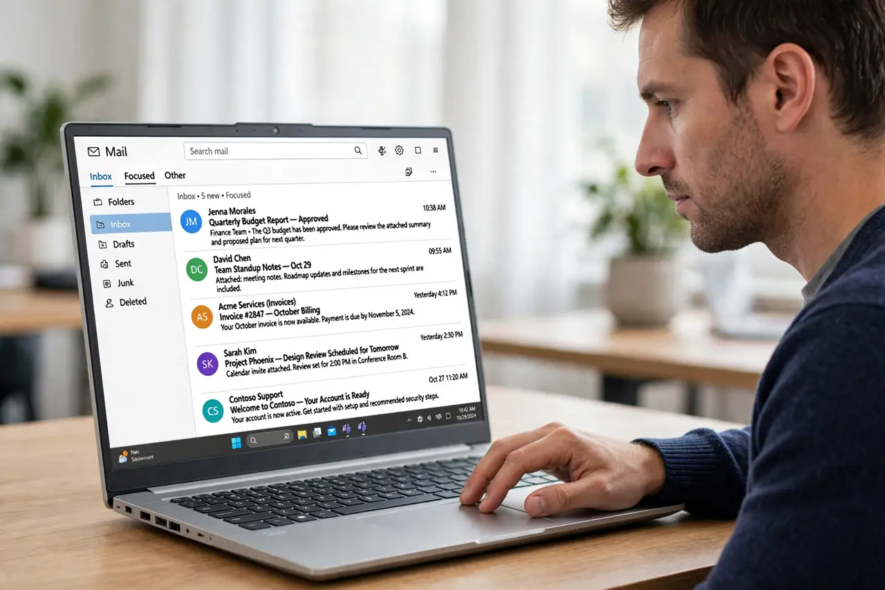 A focused man reading his email inbox on a Windows laptop with recent messages listed.