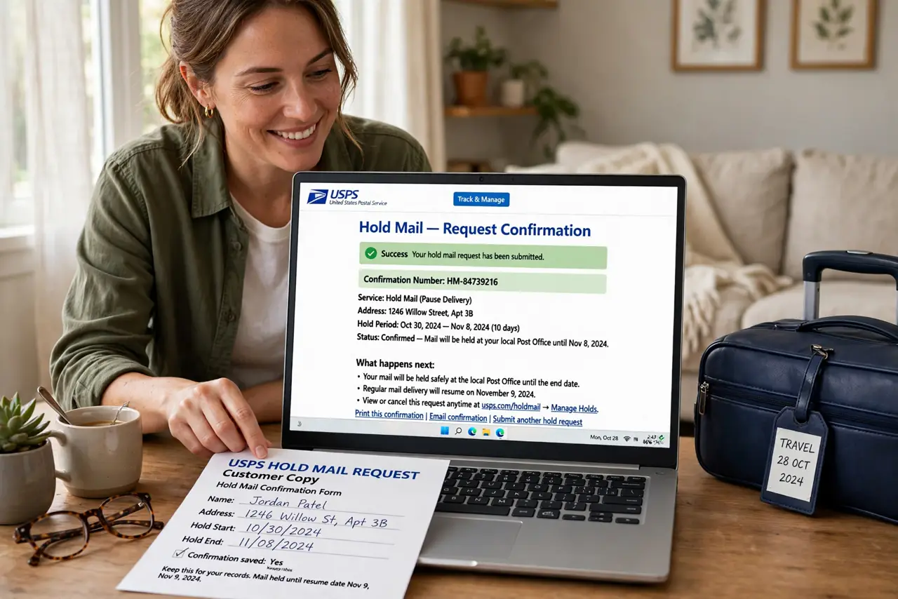 a person placing a real hold-mail request on a real laptop showing a postal service page with legible text, a suitcase nearby, the person's face relieved, home interior. No black s.
