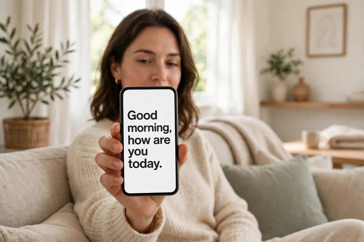 A woman in a bright living room holding up a phone showing the message Good morning, how are you today in very large text.