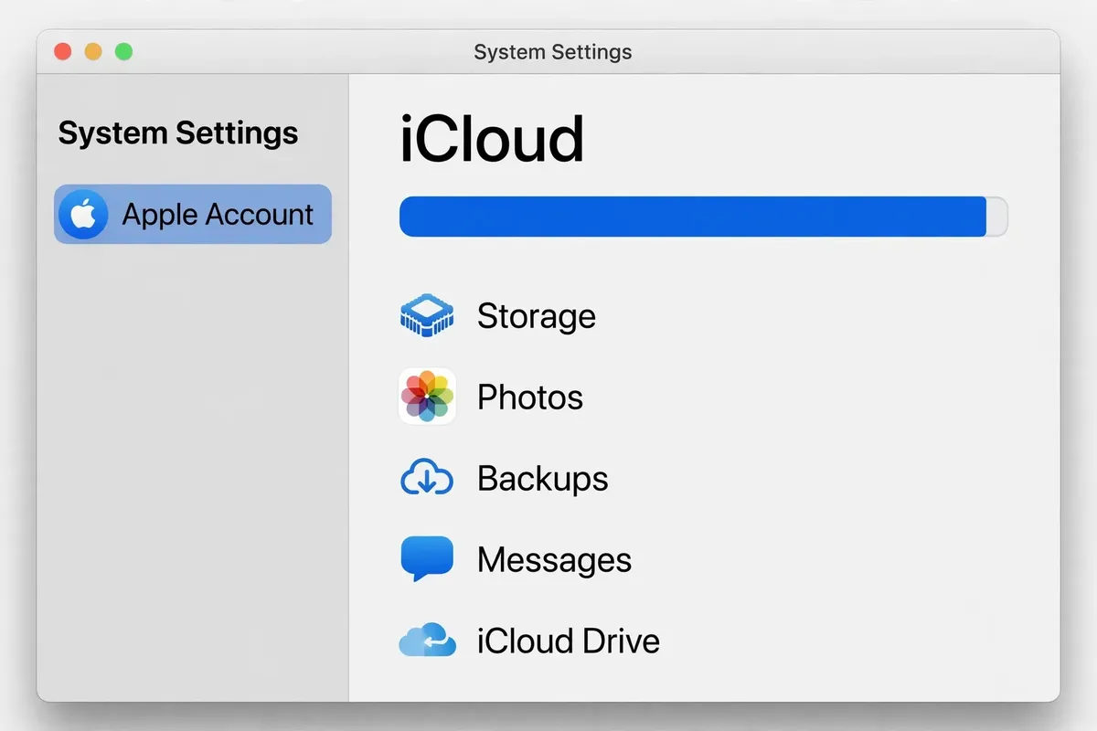 A recreation of the macOS System Settings iCloud screen, showing the nearly full storage bar and the Photos, Backups, Messages, and iCloud Drive categories.
