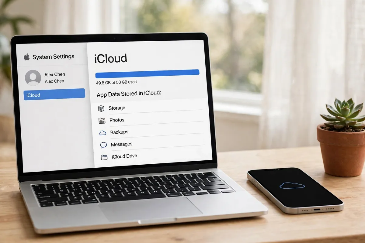 A silver MacBook and an iPhone on a clean wooden desk by a bright window, the Mac screen showing macOS iCloud settings with a nearly full storage bar, with a small potted plant beside them.