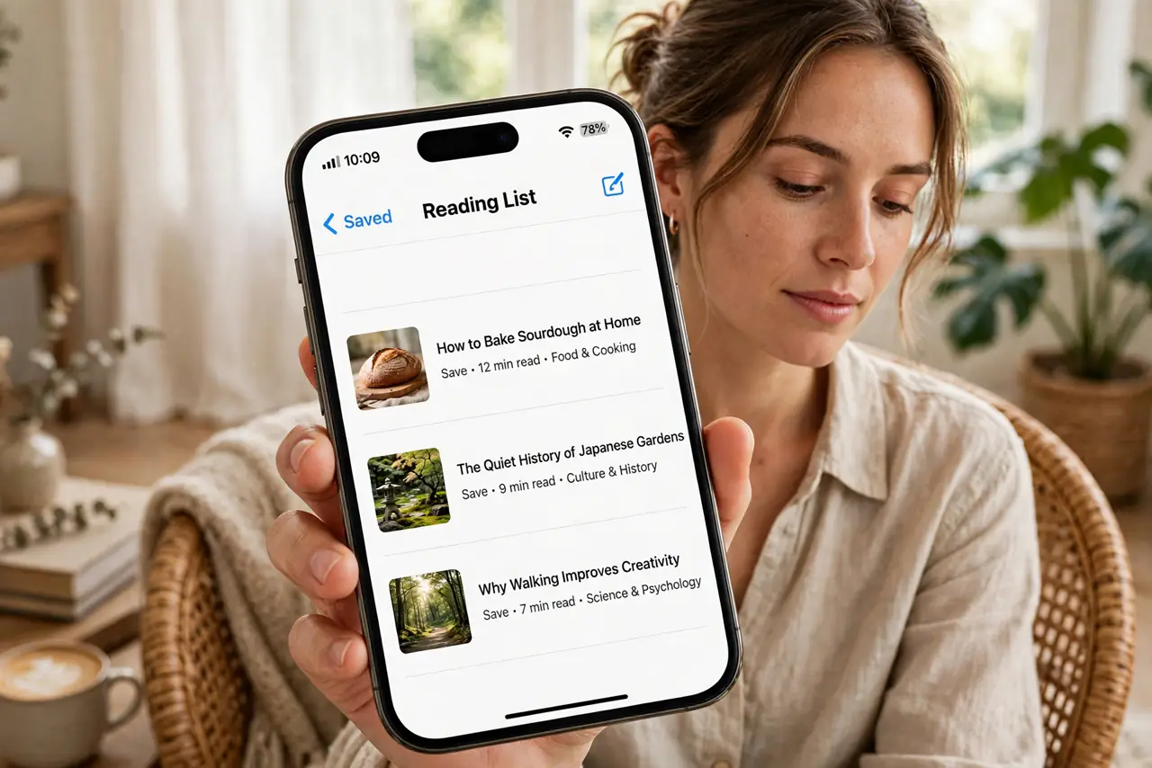 a person reading a real phone showing a reading list app with legible article titles, a small tidy list, the person's face relaxed and focused, cozy chair. No black screen, no blan.