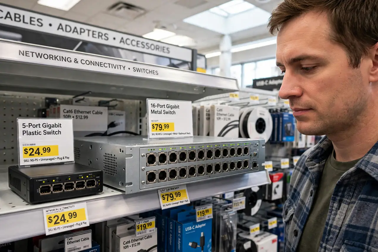 a person comparing two real network switches on a store shelf, one small plastic and one metal with more ports, price tags legible, the person's face weighin...
