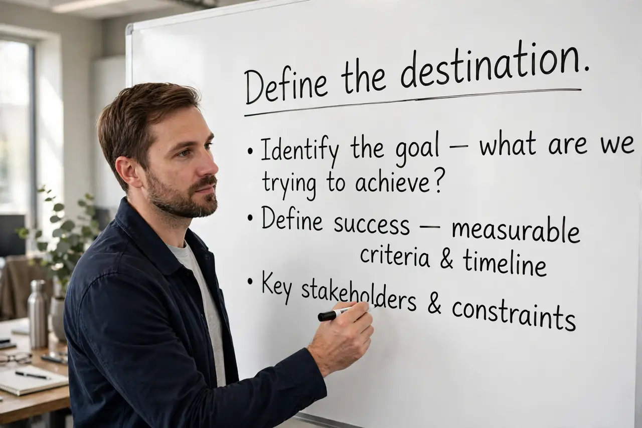 A person calmly performing the guide's first step: Define the destination.
