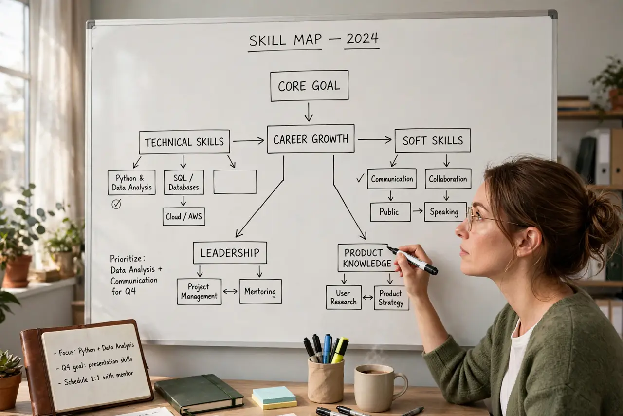 a person drawing a skill map on a real whiteboard with legible boxes and arrows, notebooks nearby, the person's face thoughtful. No black screen, no blank white screen, no fake or .