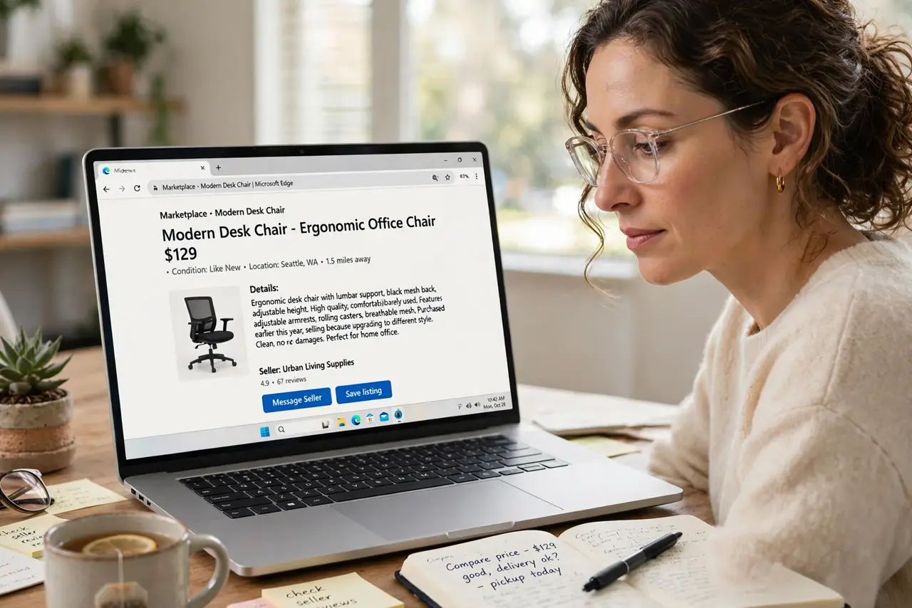 a calm adult at a desk with a real laptop, the screen showing a normal marketplace listing with a price and legible text, the person reading it carefully