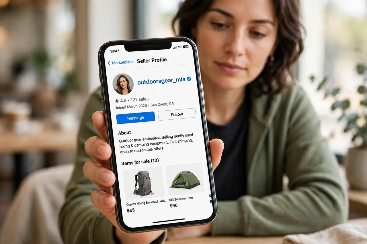 Step 1 in action for Marketplace Meetups: Stay Safe: Check the seller's profile.