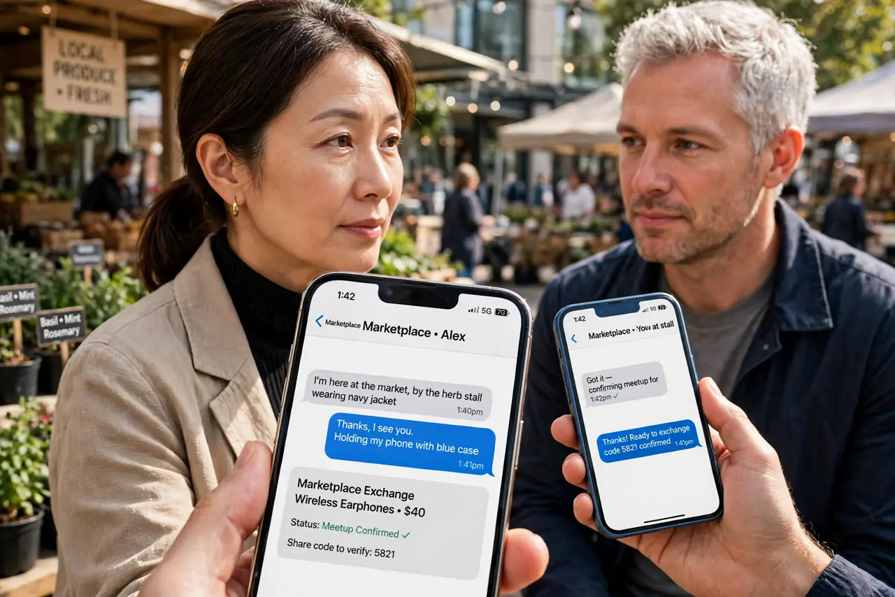 Marketplace Meetups: Stay Safe — a careful adult meeting a stranger in a bright public place for a marketplace exchange, both holding a real ph