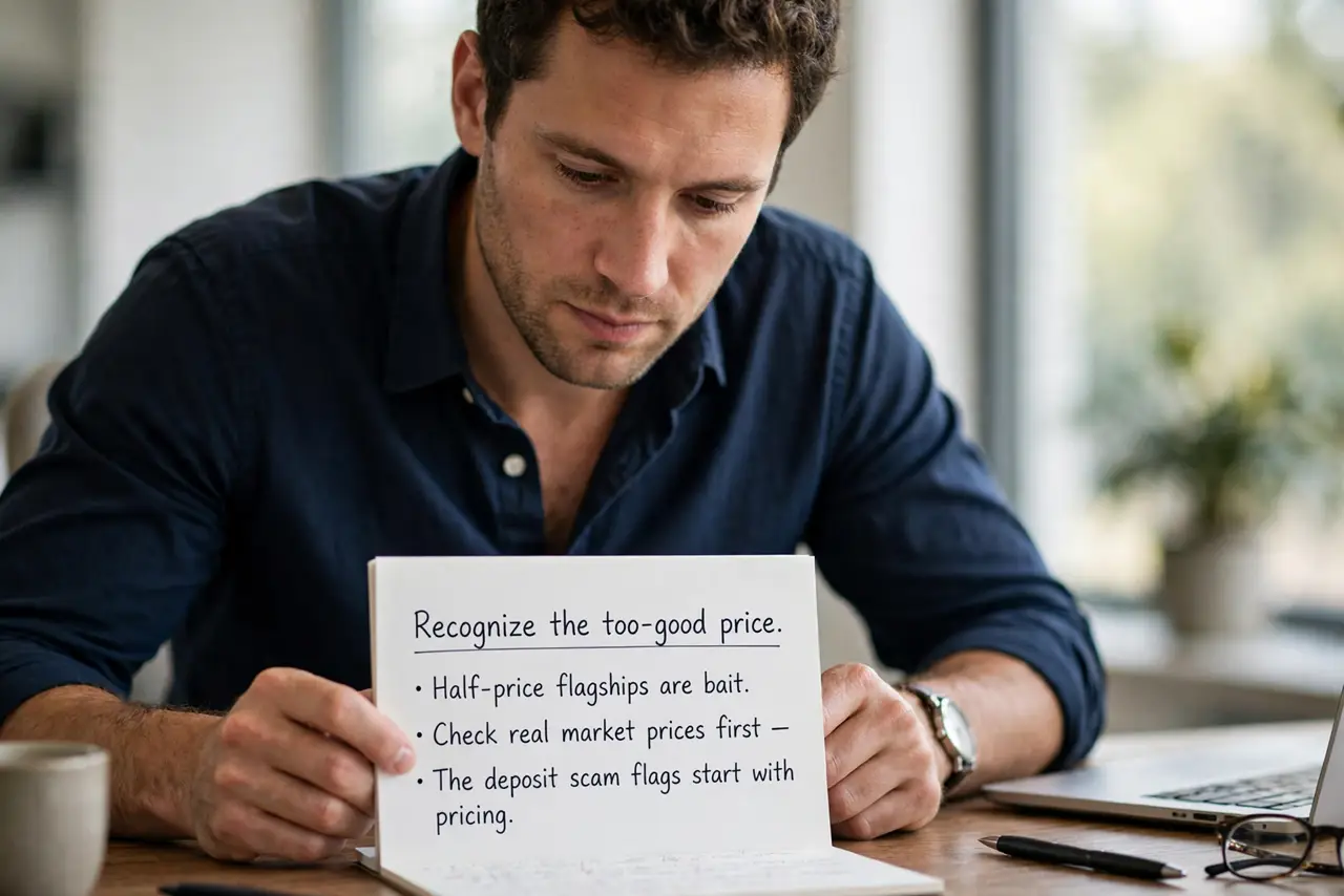 A person performing the first step of the guide: Recognize the too-good price.