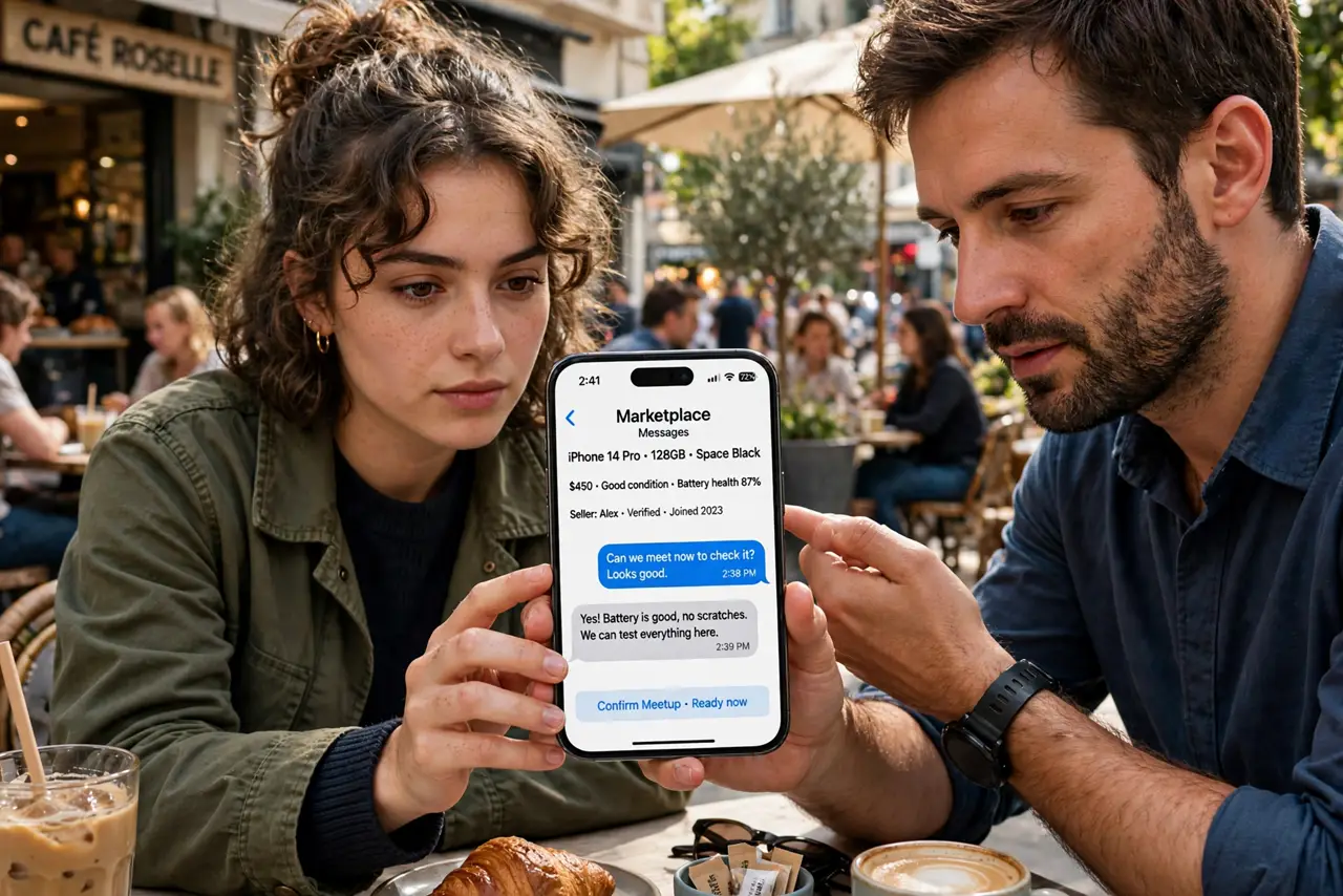 a person meeting a seller in a busy public place for a marketplace deal, both examining a real phone, the person's face cautious but confident, daylight cafe.