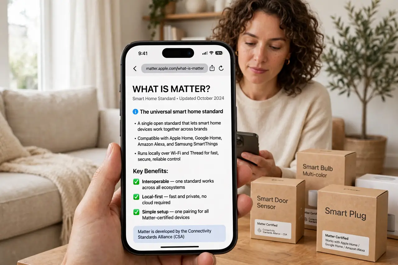 Photoreal photo of a person performing the first step: Learn what Matter actually is. Matter is a shared standard — a common language — backed by A...