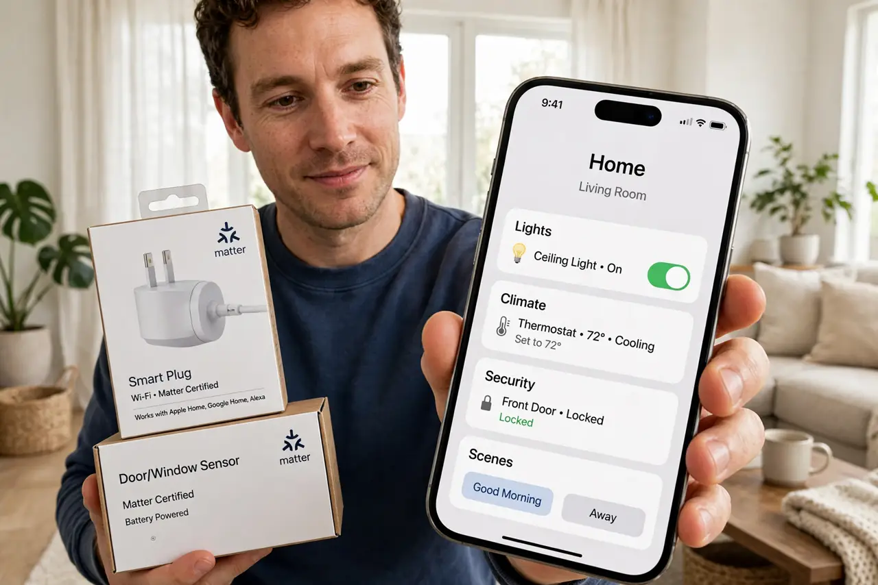 Photoreal photo: a person holding real smart home device boxes showing Matter logos, with a real phone showing a smart home app, the person's face enlightened, living room. No black screen, no blank white screen, n...