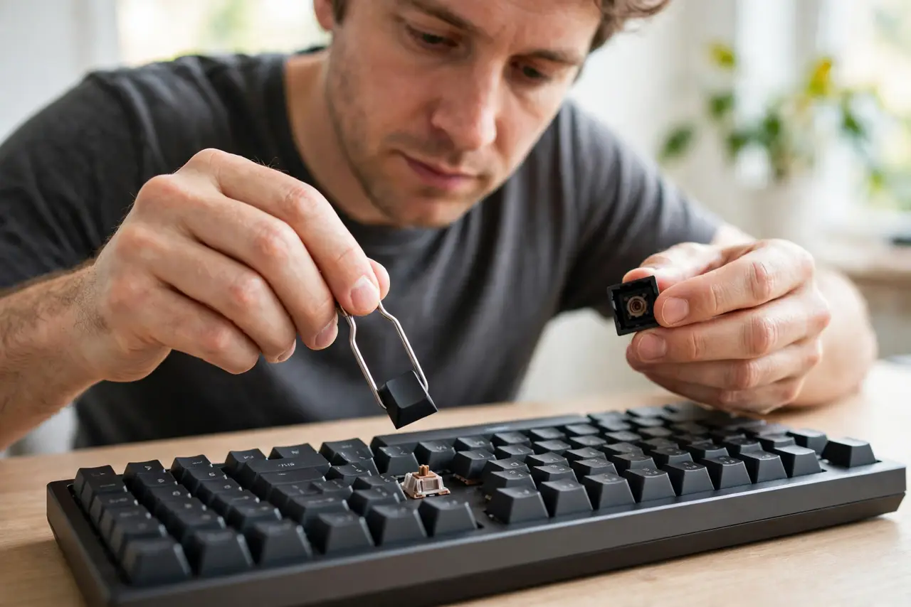 A person performing step 1: Pull the sticky keycaps.