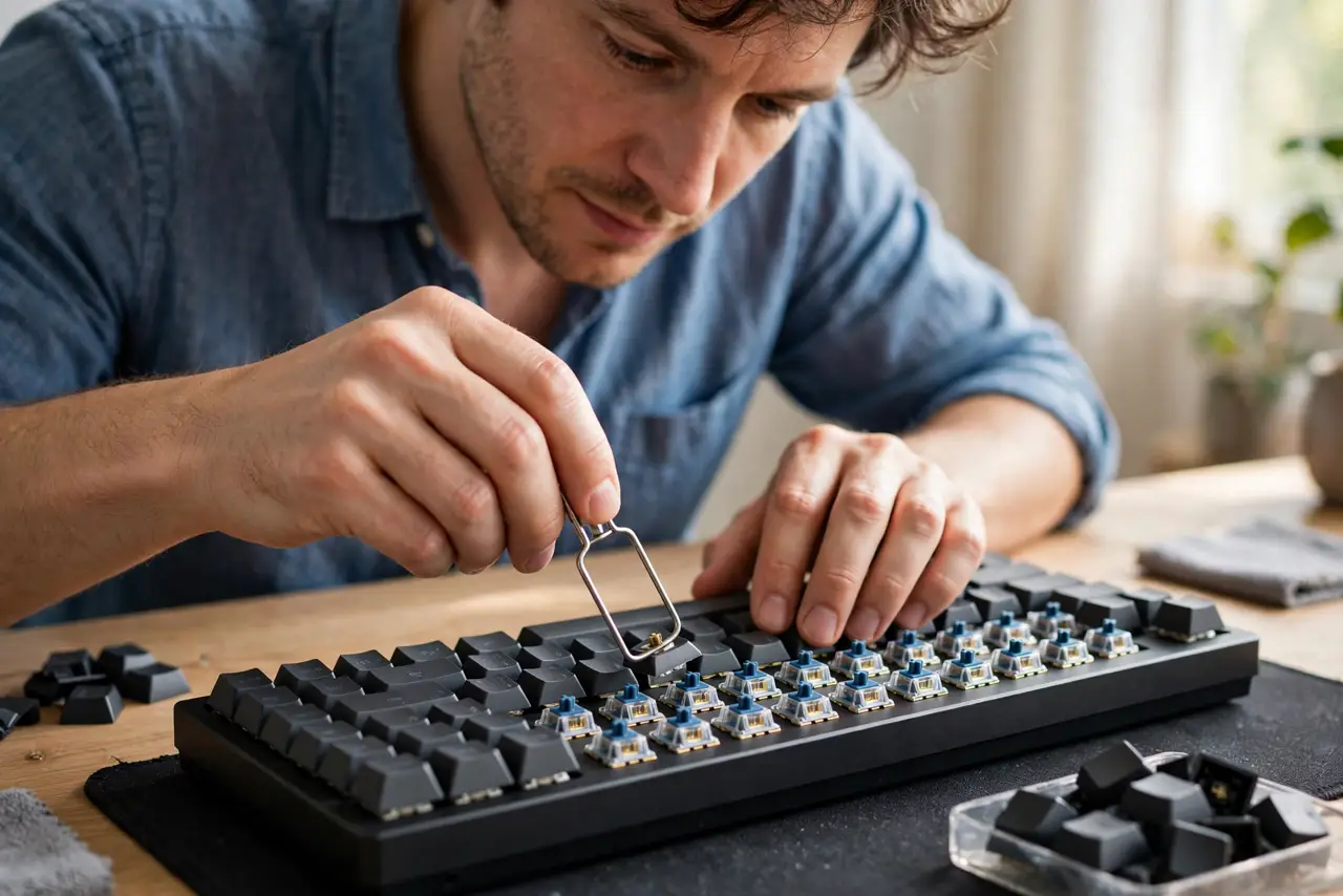 A calm adult removing keycaps from a real mechanical keyboard with a puller tool, the switches visible, the person working methodically on a desk.