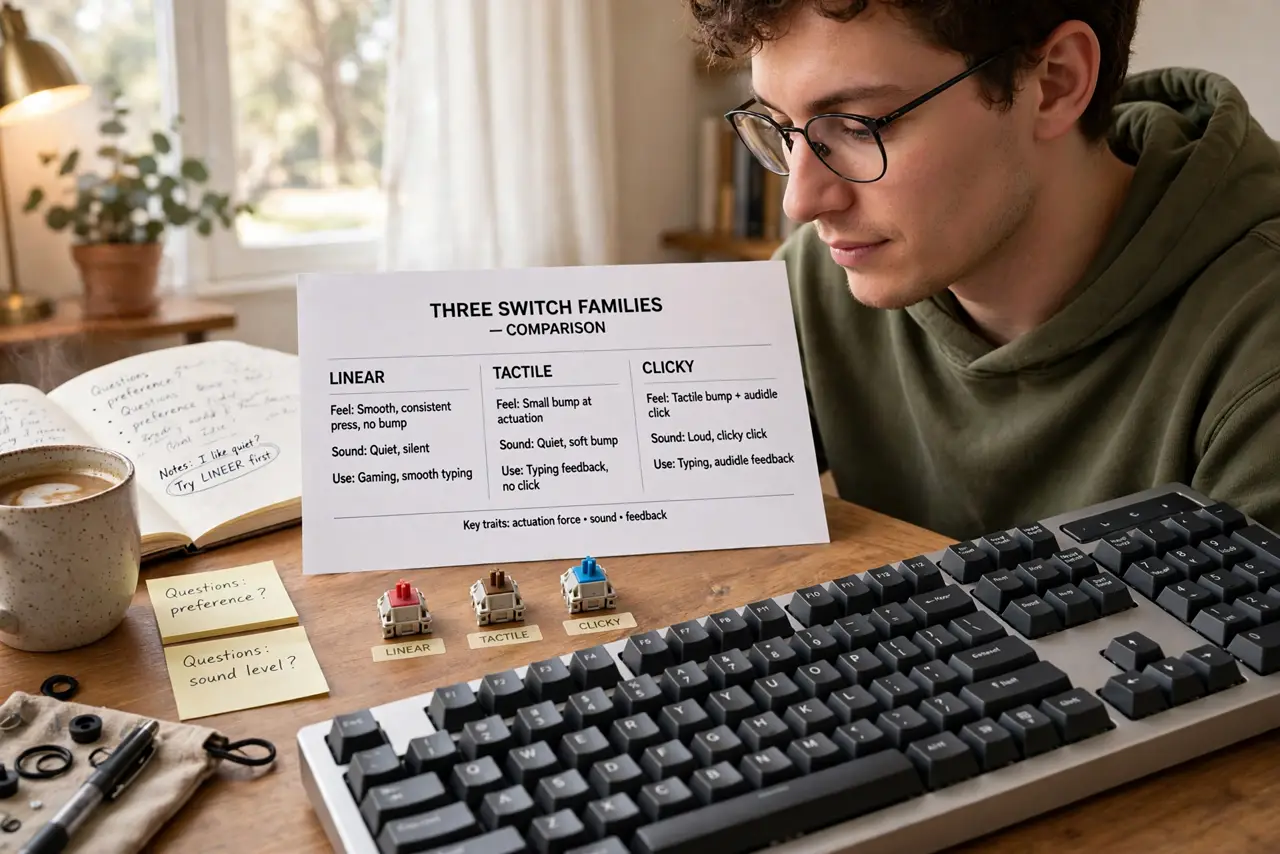 Photoreal photo of a person performing the first step: Learn the three families. Linear: smooth press, no bump, quieter — the gaming favorite. Tact...