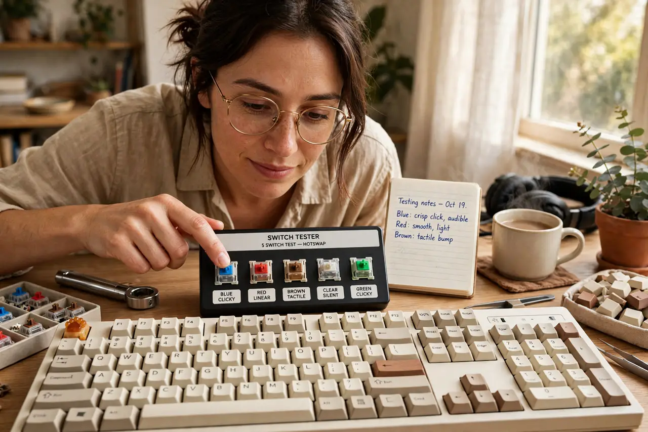Photoreal photo: a person testing a real mechanical keyboard switch tester with several different colored switches visible and legible labels, the person's fingers pressing a switch, face curious, desk with warm li...