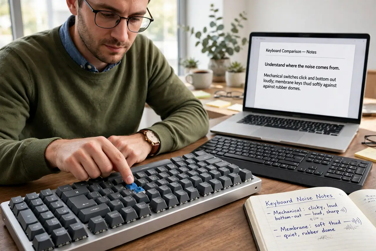 A person performing step 1 of the guide: Understand where the noise comes from. Mechanical switches click and bottom out loudly; membrane keys thud softly against rubber domes....