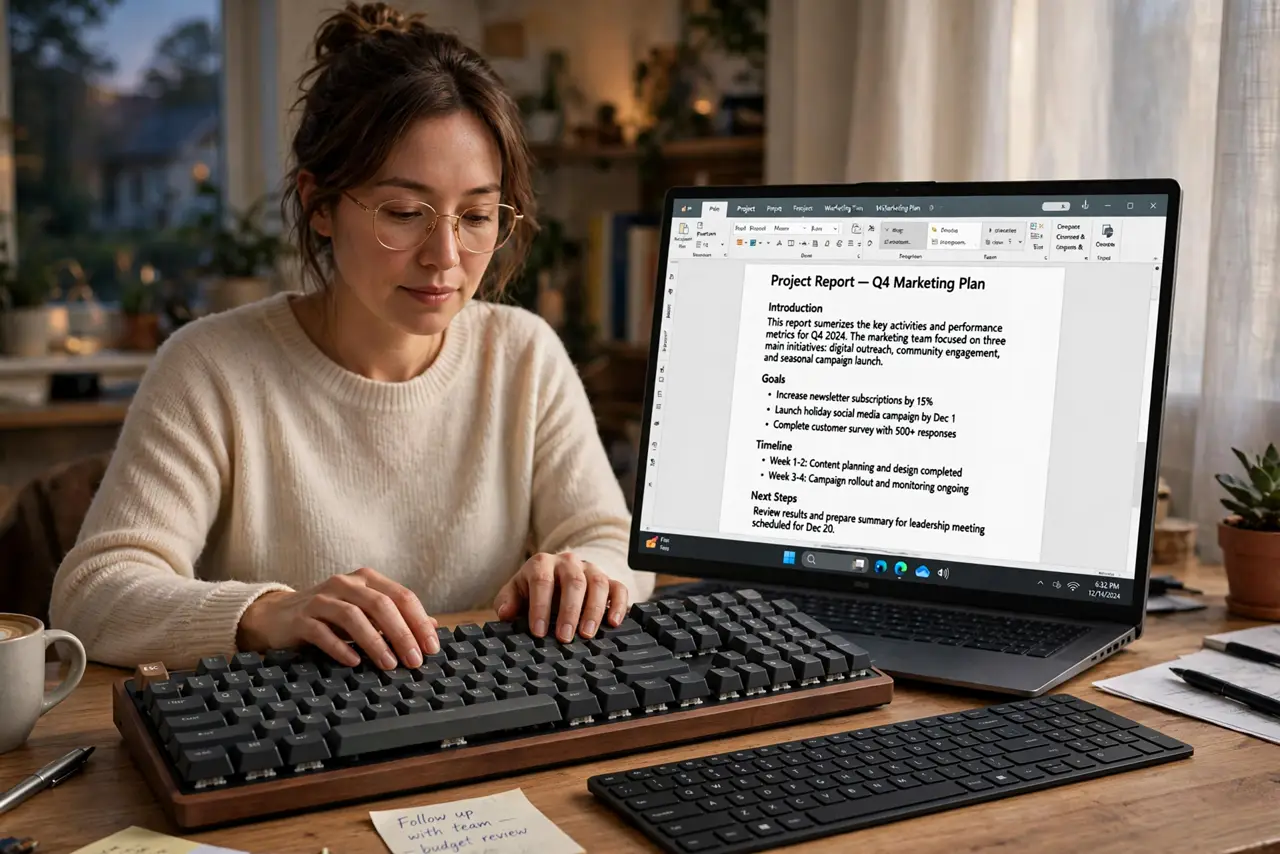 a calm adult typing on a real mechanical keyboard at a home desk in the evening, a second membrane keyboard beside it for comparison, the screen showing a normal document with legible text