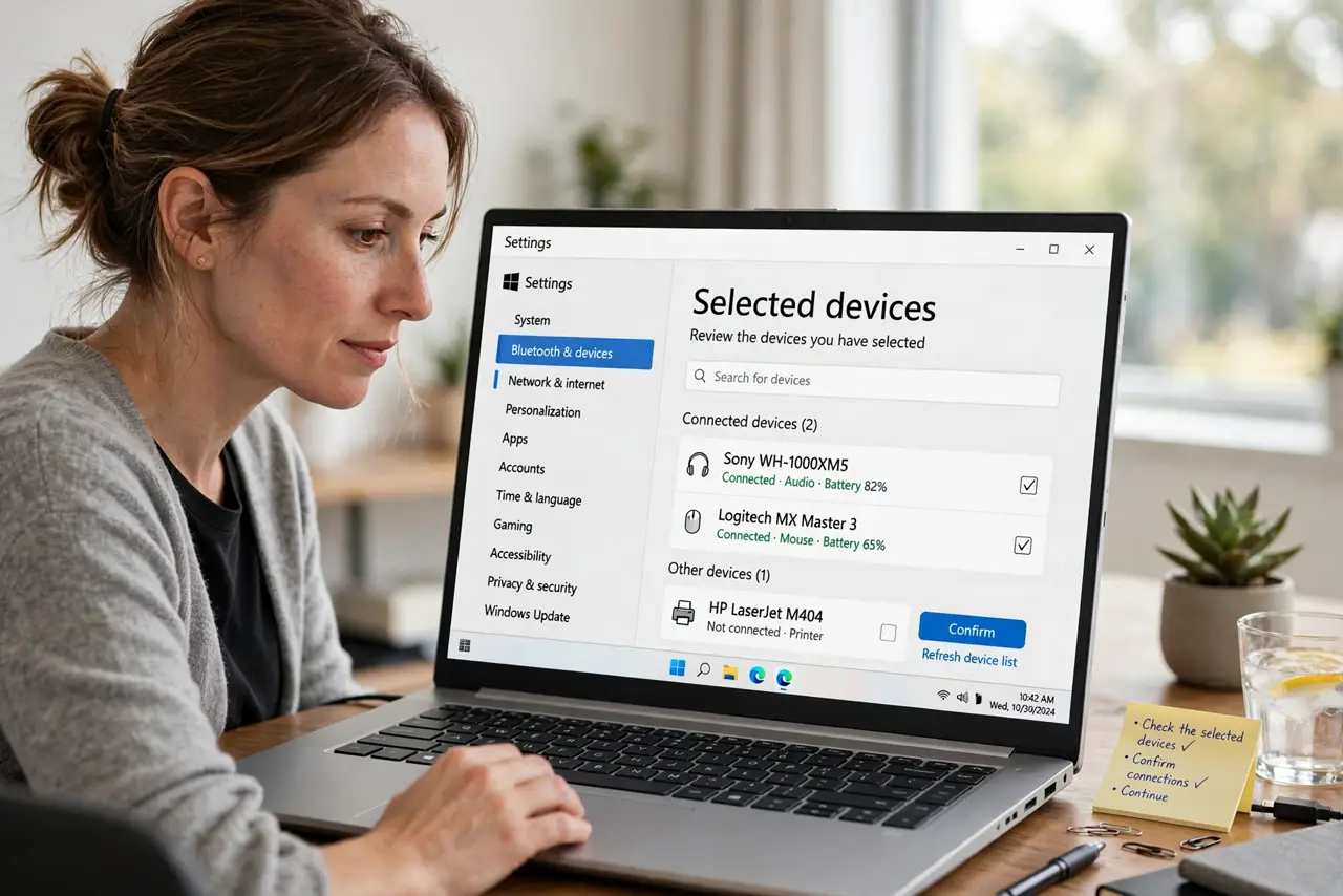 A person calmly performing the guide's first step: Check the selected devices.