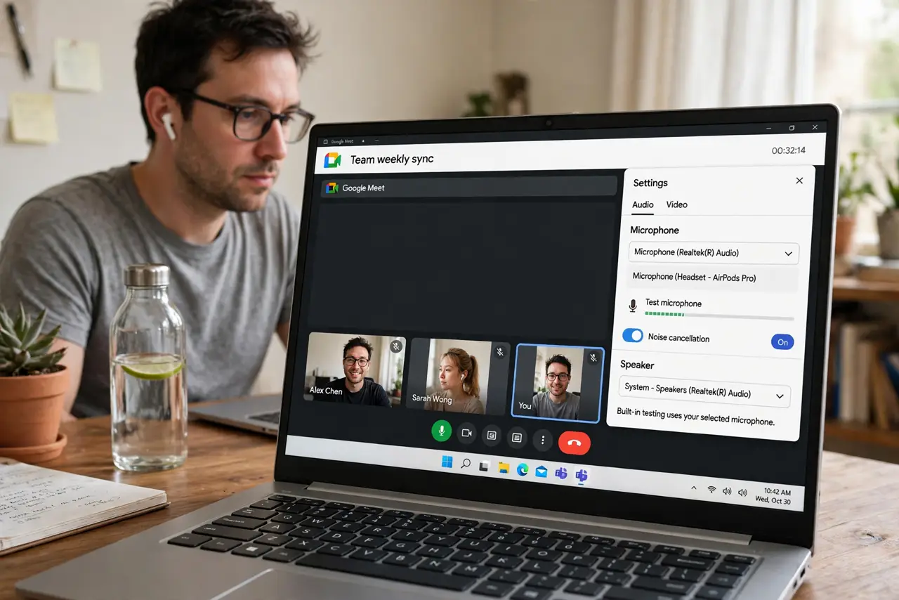 a person on a real laptop in a Google Meet call, the audio settings open showing microphone selection, the person wearing earbuds, face focused, home office. No black screen, no bl.